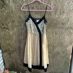 WD.NY spaghetti, strap, gold, and black dress